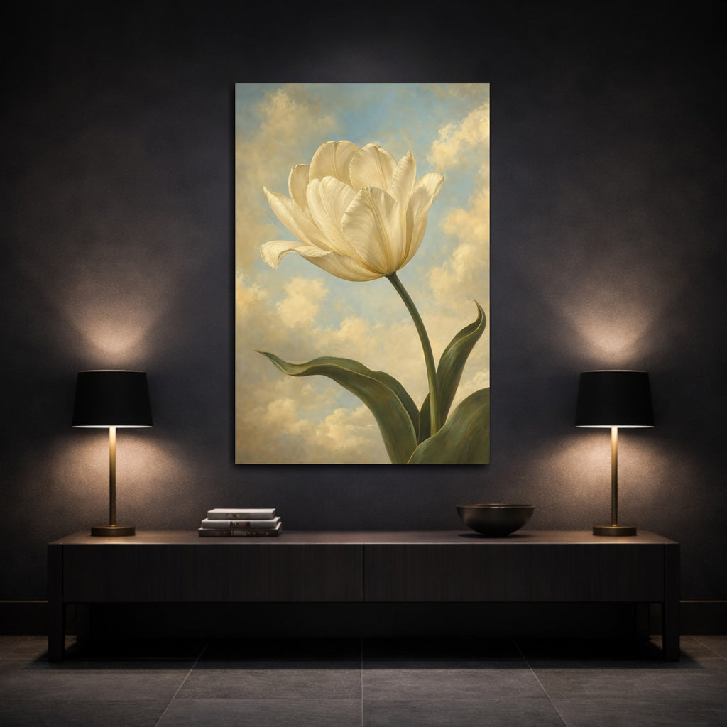Mockup 3. Floral White Tulip Cream Tulip Sky shown as stretched canvas wall art