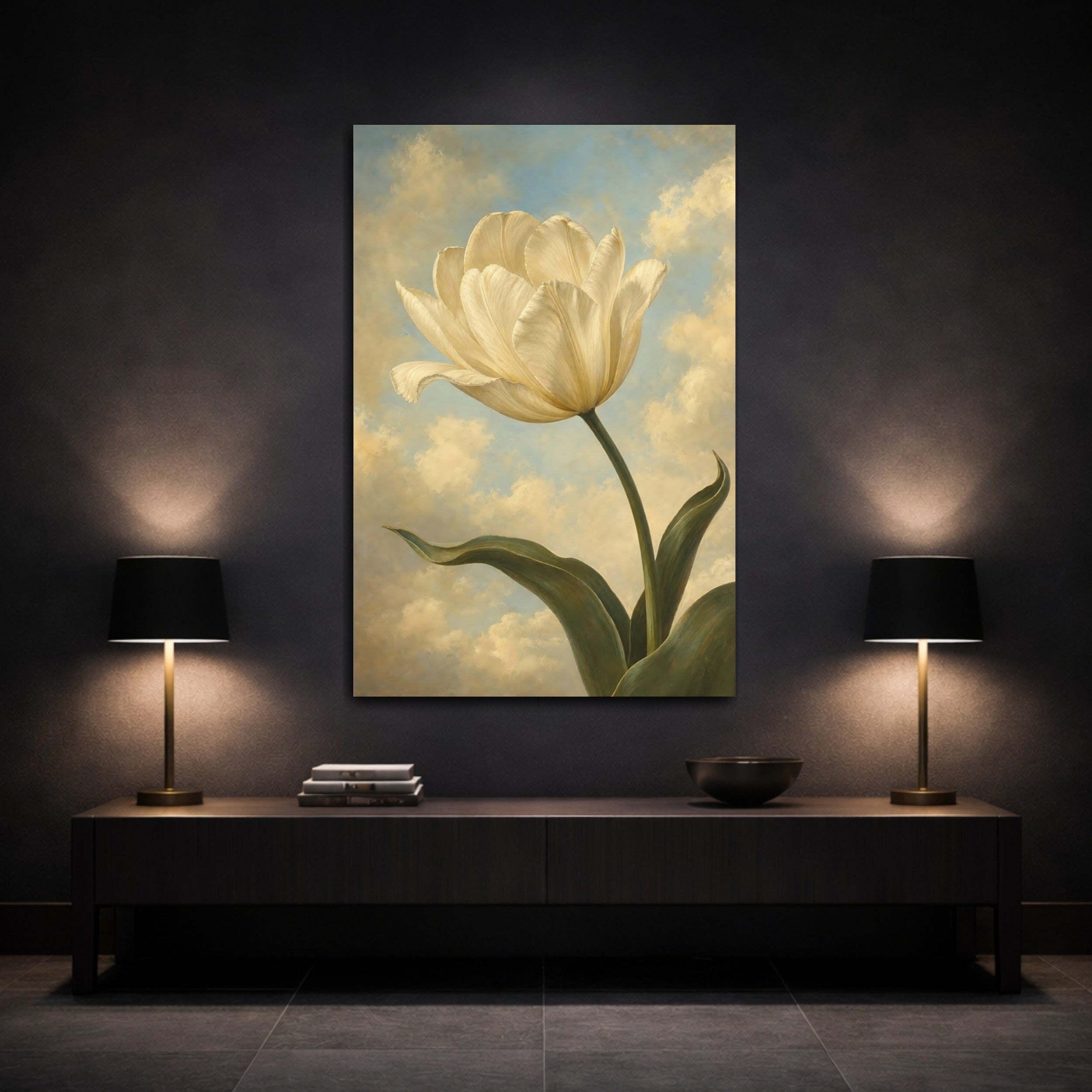 Mockup 3. Floral White Tulip Cream Tulip Sky shown as stretched canvas wall art