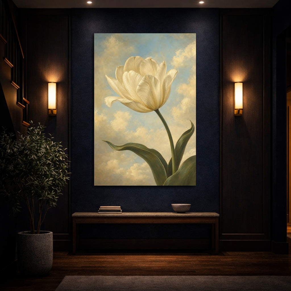Mockup 4. Floral White Tulip Cream Tulip Sky shown as stretched canvas wall art