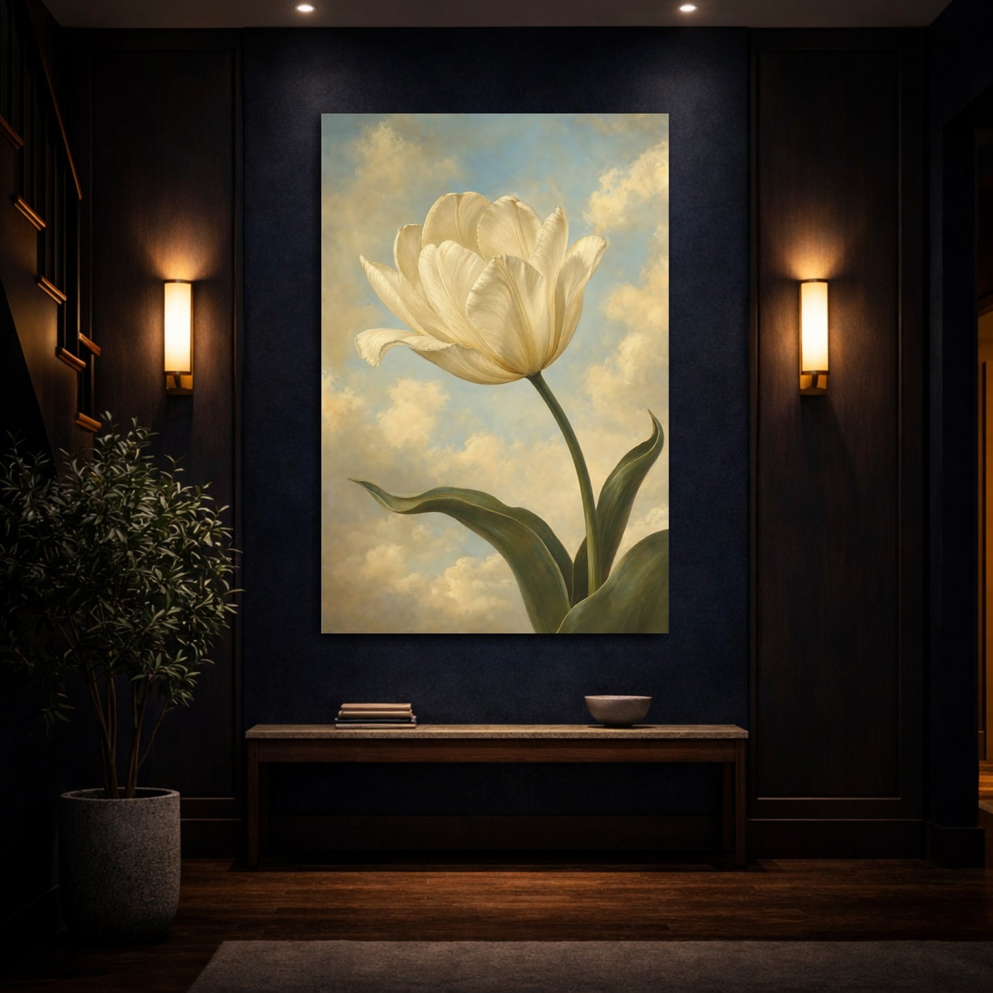 Mockup 4. Floral White Tulip Cream Tulip Sky shown as stretched canvas wall art