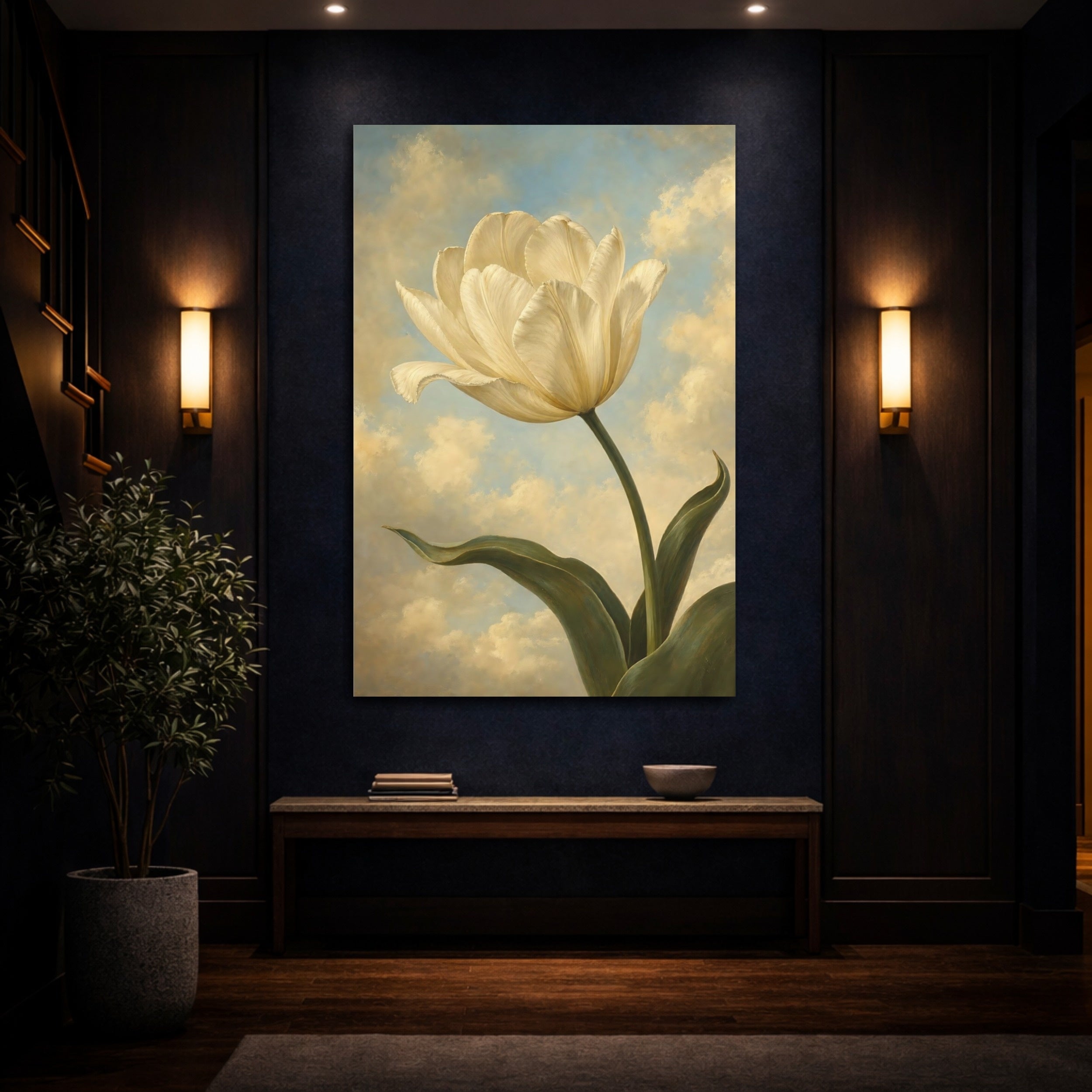Mockup 4. Floral White Tulip Cream Tulip Sky shown as stretched canvas wall art