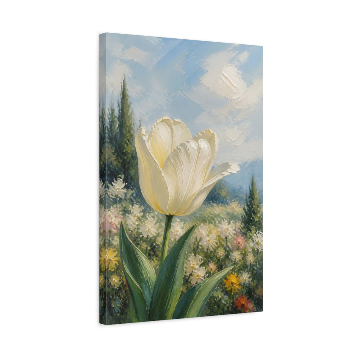 Side Mockup 3. Floral White Tulip White Floral Landscape shown as stretched canvas wall art