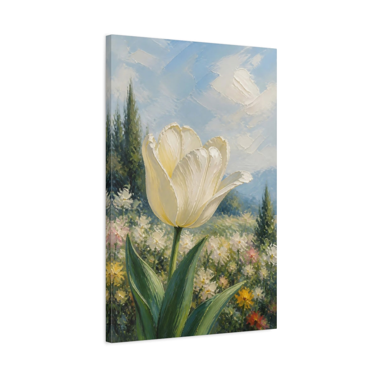 Side Mockup 2. Floral White Tulip White Floral Landscape shown as stretched canvas wall art
