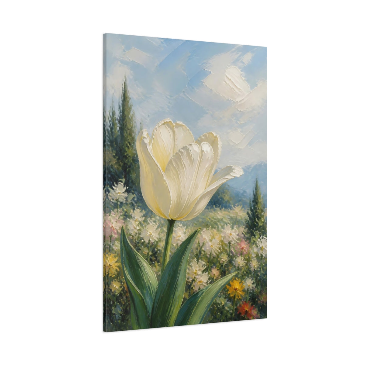 Side Mockup 1. Floral White Tulip White Floral Landscape shown as stretched canvas wall art