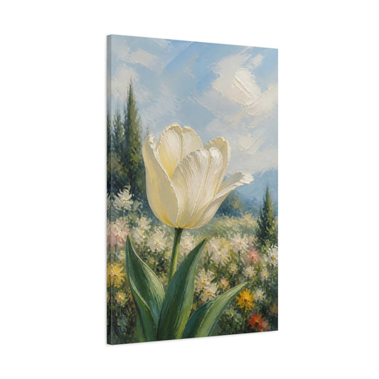 Main Mockup. Floral White Tulip White Floral Landscape shown as stretched canvas wall art