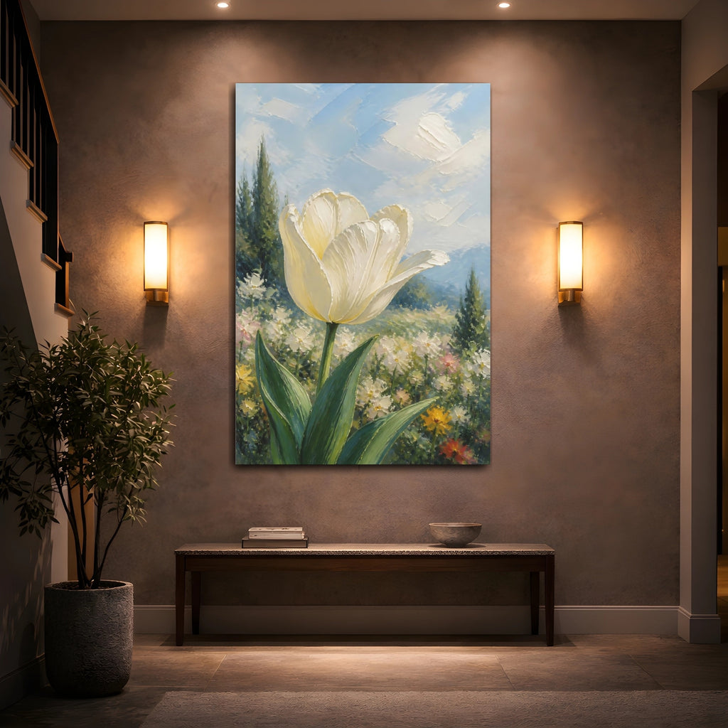 Mockup 2. Floral White Tulip White Floral Landscape shown as stretched canvas wall art