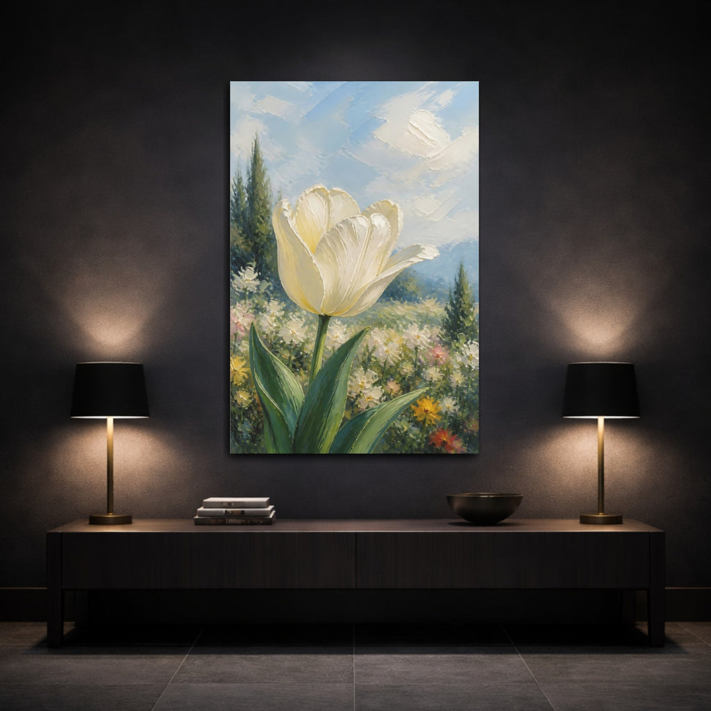 Mockup 3. Floral White Tulip White Floral Landscape shown as stretched canvas wall art