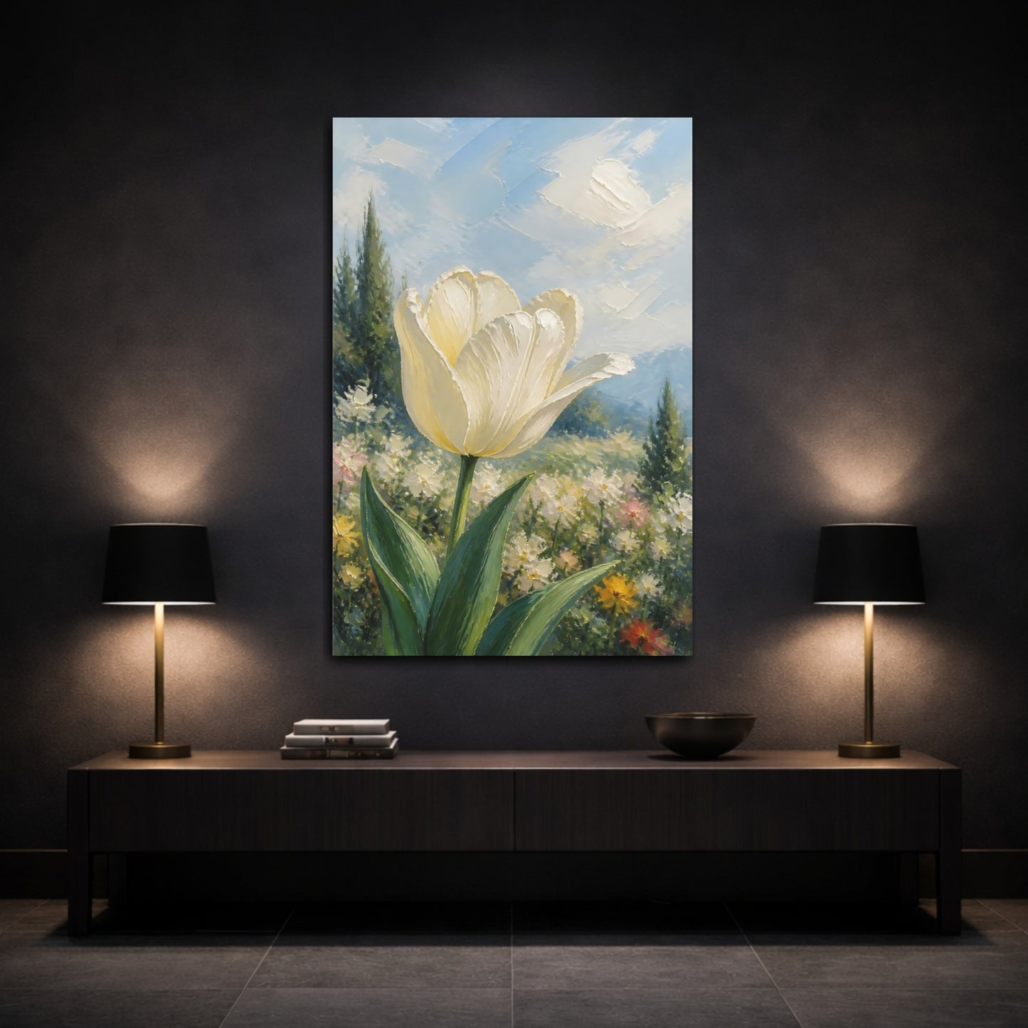 Mockup 3. Floral White Tulip White Floral Landscape shown as stretched canvas wall art