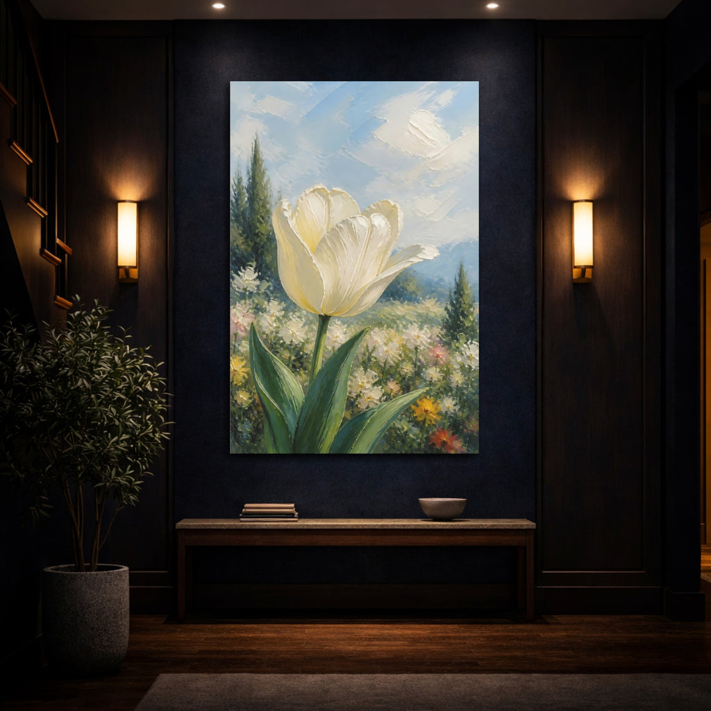 Mockup 4. Floral White Tulip White Floral Landscape shown as stretched canvas wall art