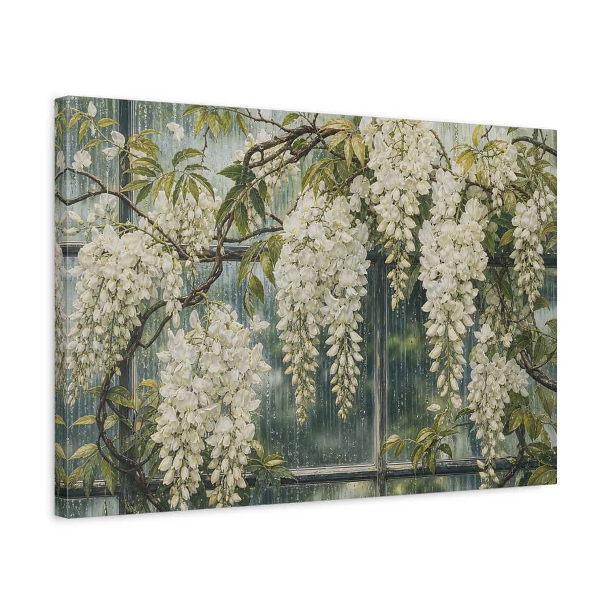 Side Mockup 3. Floral White Wisteria White Wisteria shown as stretched canvas wall art