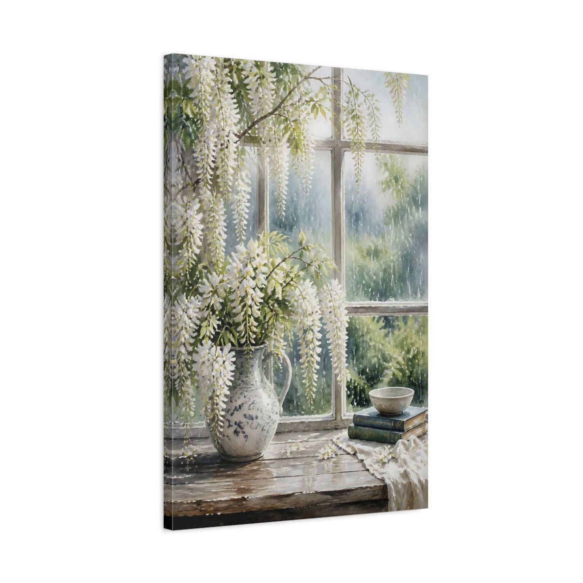 Side Mockup 2. Floral White Wisteria White Wisteria shown as stretched canvas wall art