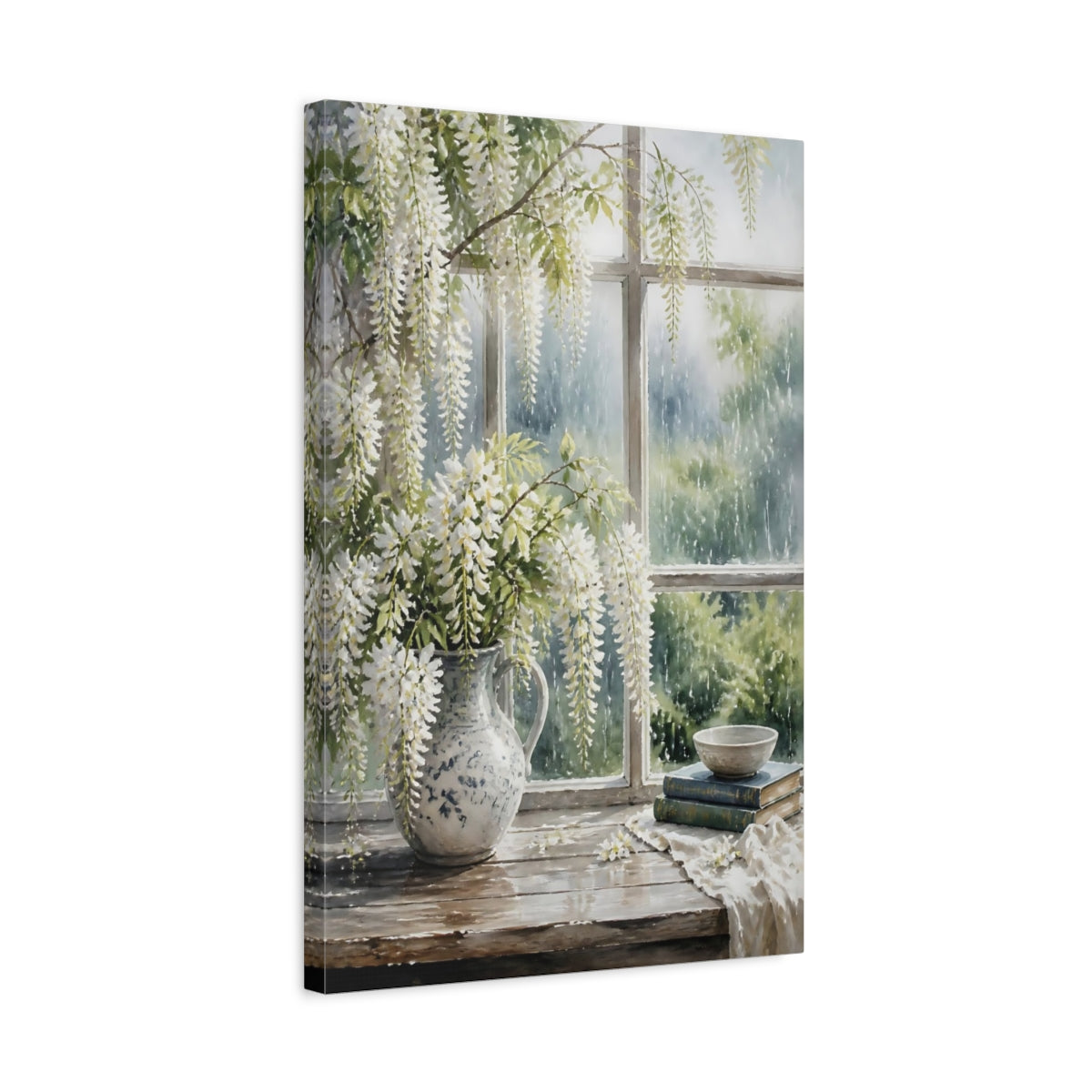 Side Mockup 3. Floral White Wisteria White Wisteria shown as stretched canvas wall art