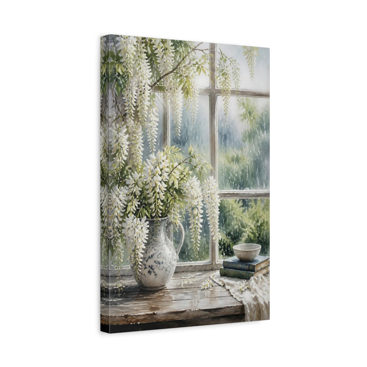 Side Mockup 4. Floral White Wisteria White Wisteria shown as stretched canvas wall art