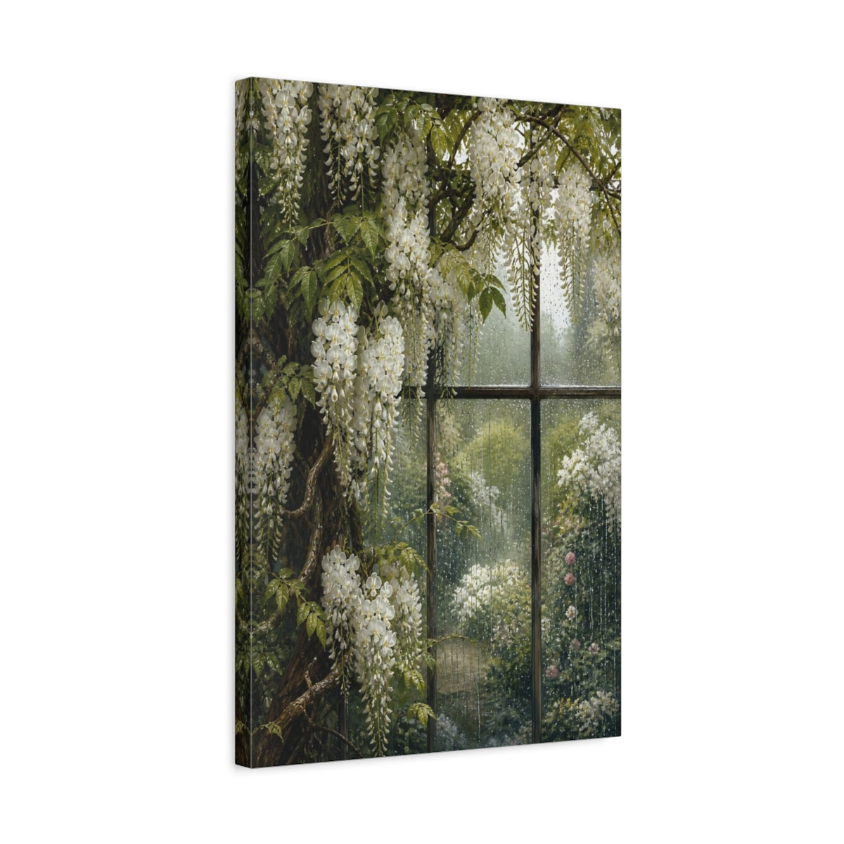 Side Mockup 3. Floral White Wisteria White Wisteria Rain shown as stretched canvas wall art