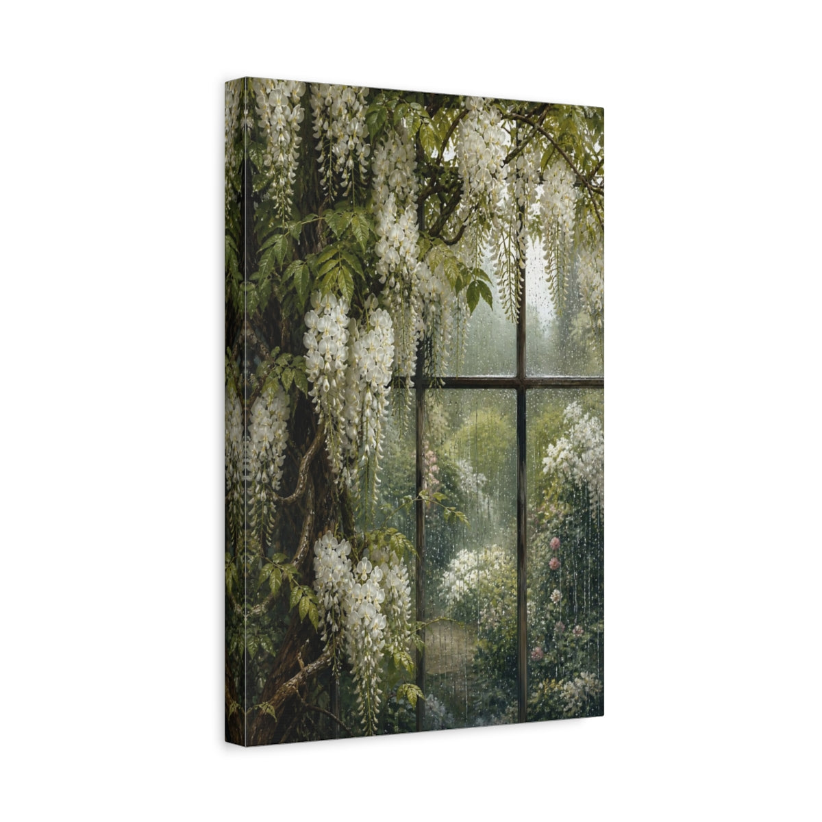 Side Mockup 4. Floral White Wisteria White Wisteria Rain shown as stretched canvas wall art