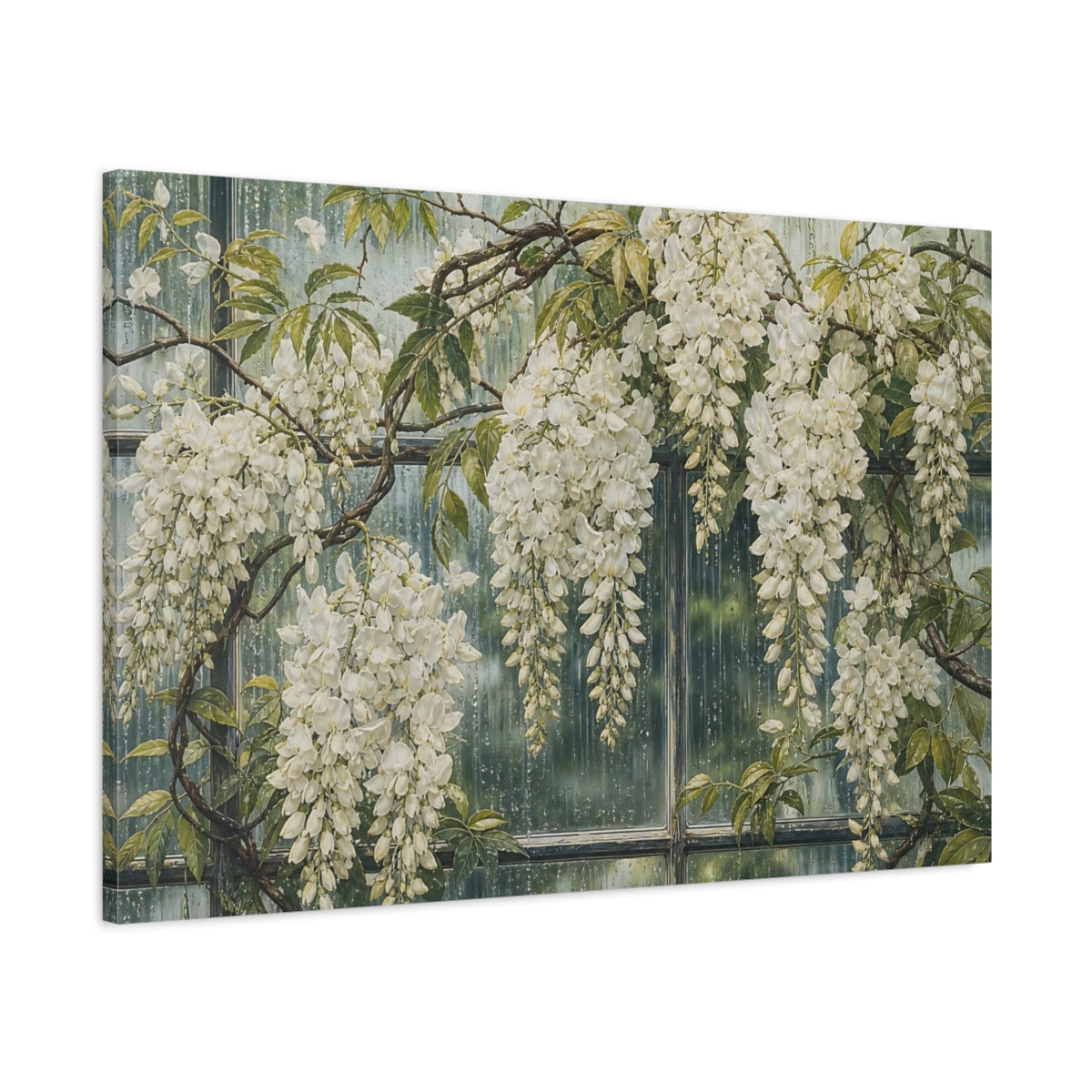 Main Mockup. Floral White Wisteria White Wisteria shown as stretched canvas wall art