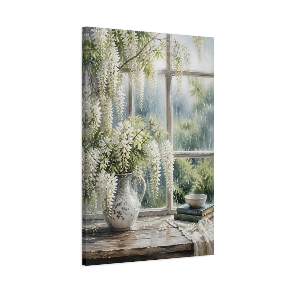 Main Mockup. Floral White Wisteria White Wisteria shown as stretched canvas wall art
