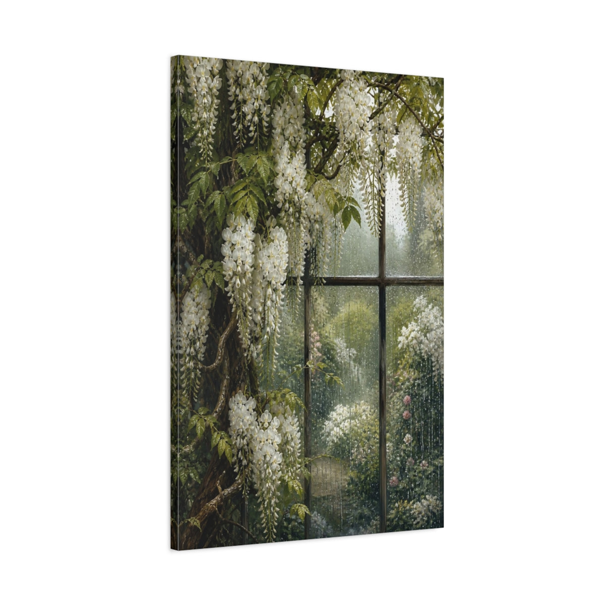 Main Mockup. Floral White Wisteria White Wisteria Rain shown as stretched canvas wall art