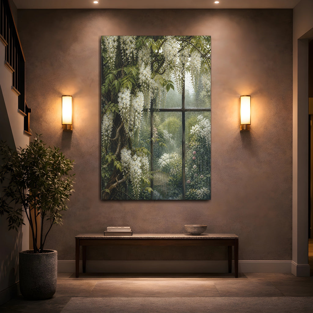 Mockup 2. Floral White Wisteria White Wisteria Rain shown as stretched canvas wall art