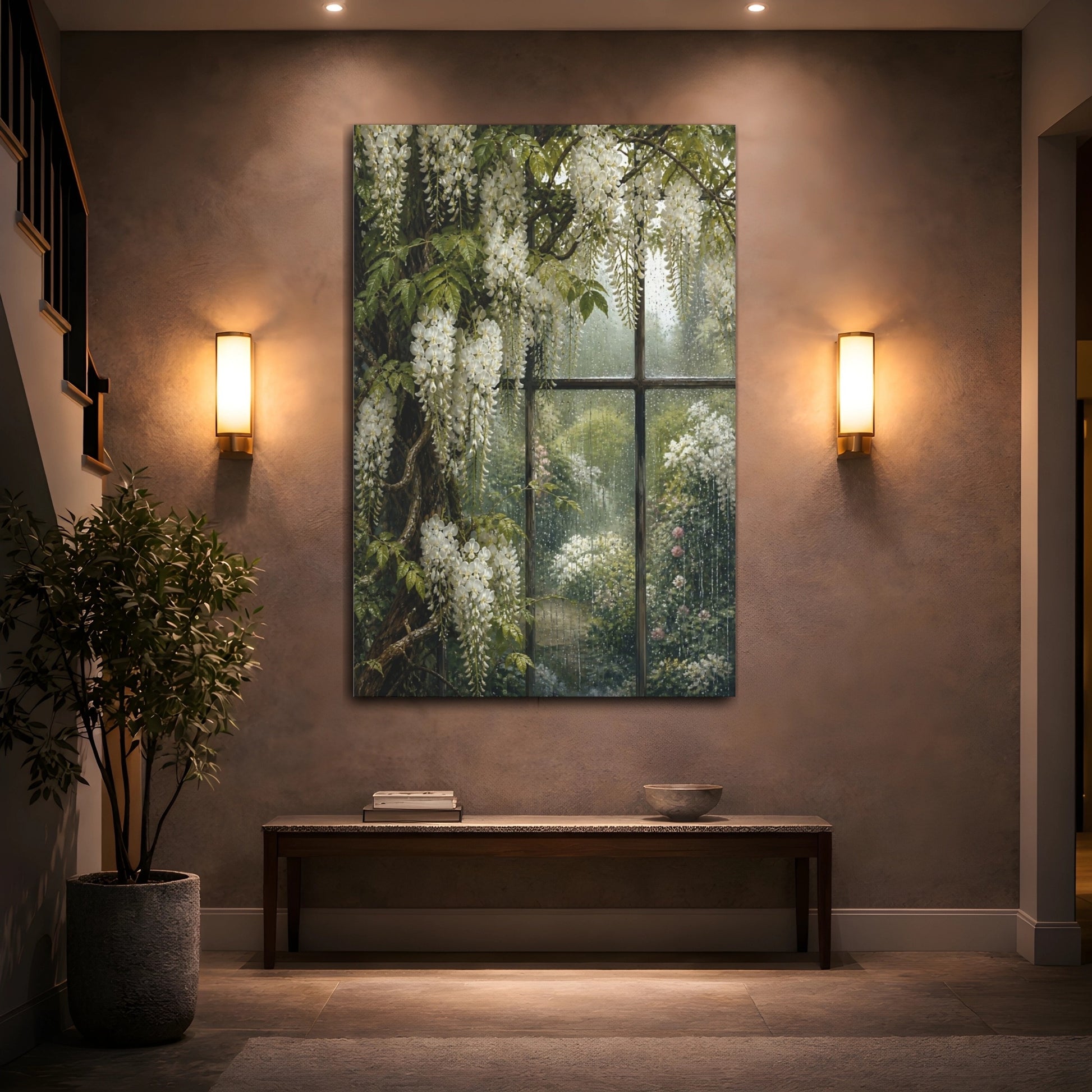 Mockup 2. Floral White Wisteria White Wisteria Rain shown as stretched canvas wall art