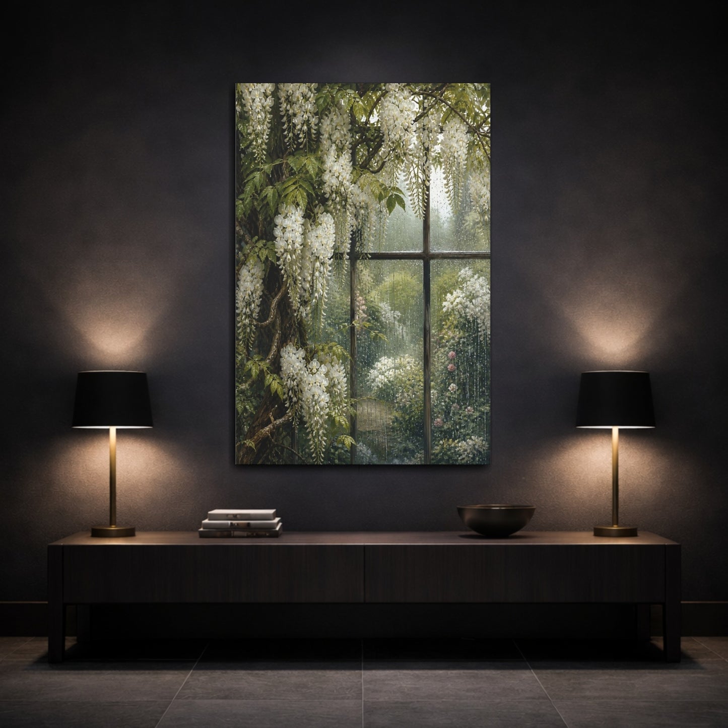 Mockup 3. Floral White Wisteria White Wisteria Rain shown as stretched canvas wall art