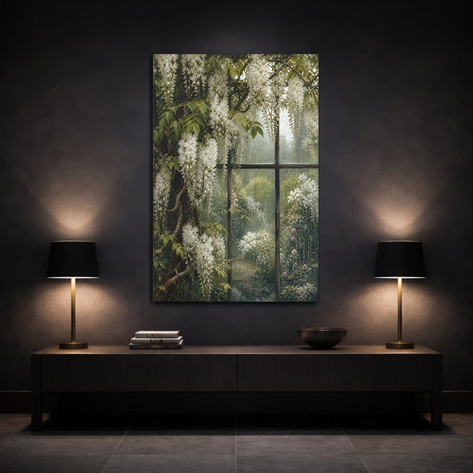 Mockup 3. Floral White Wisteria White Wisteria Rain shown as stretched canvas wall art