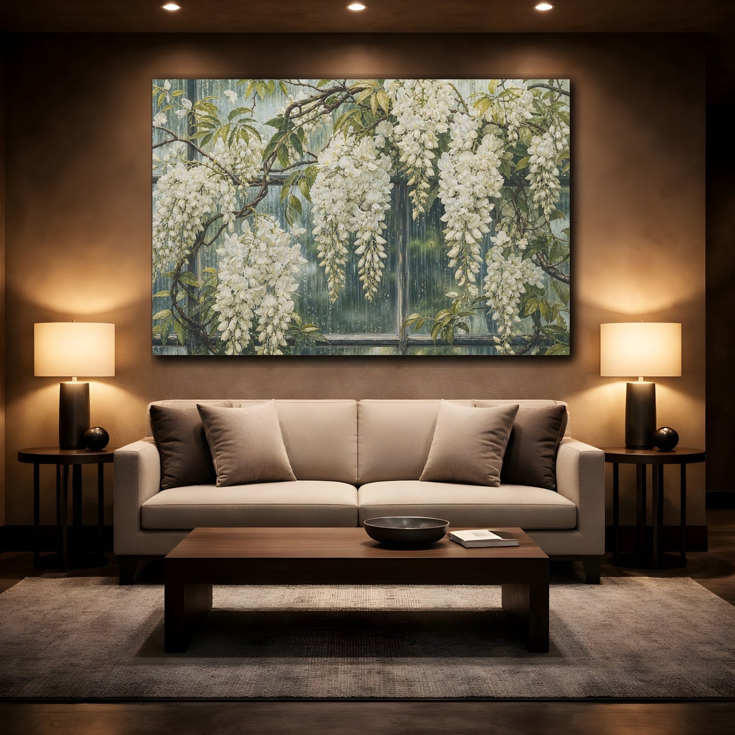 Mockup 2. Floral White Wisteria White Wisteria shown as stretched canvas wall art