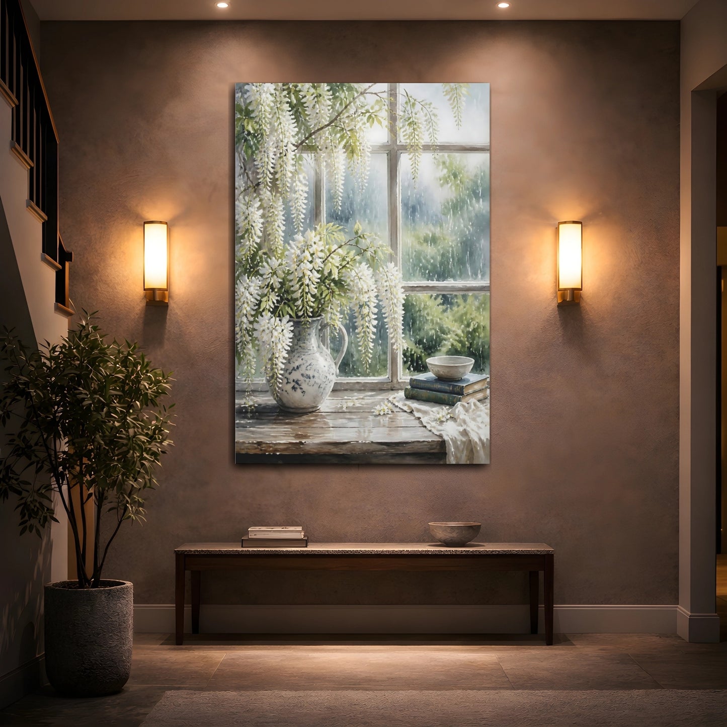Mockup 2. Floral White Wisteria White Wisteria shown as stretched canvas wall art