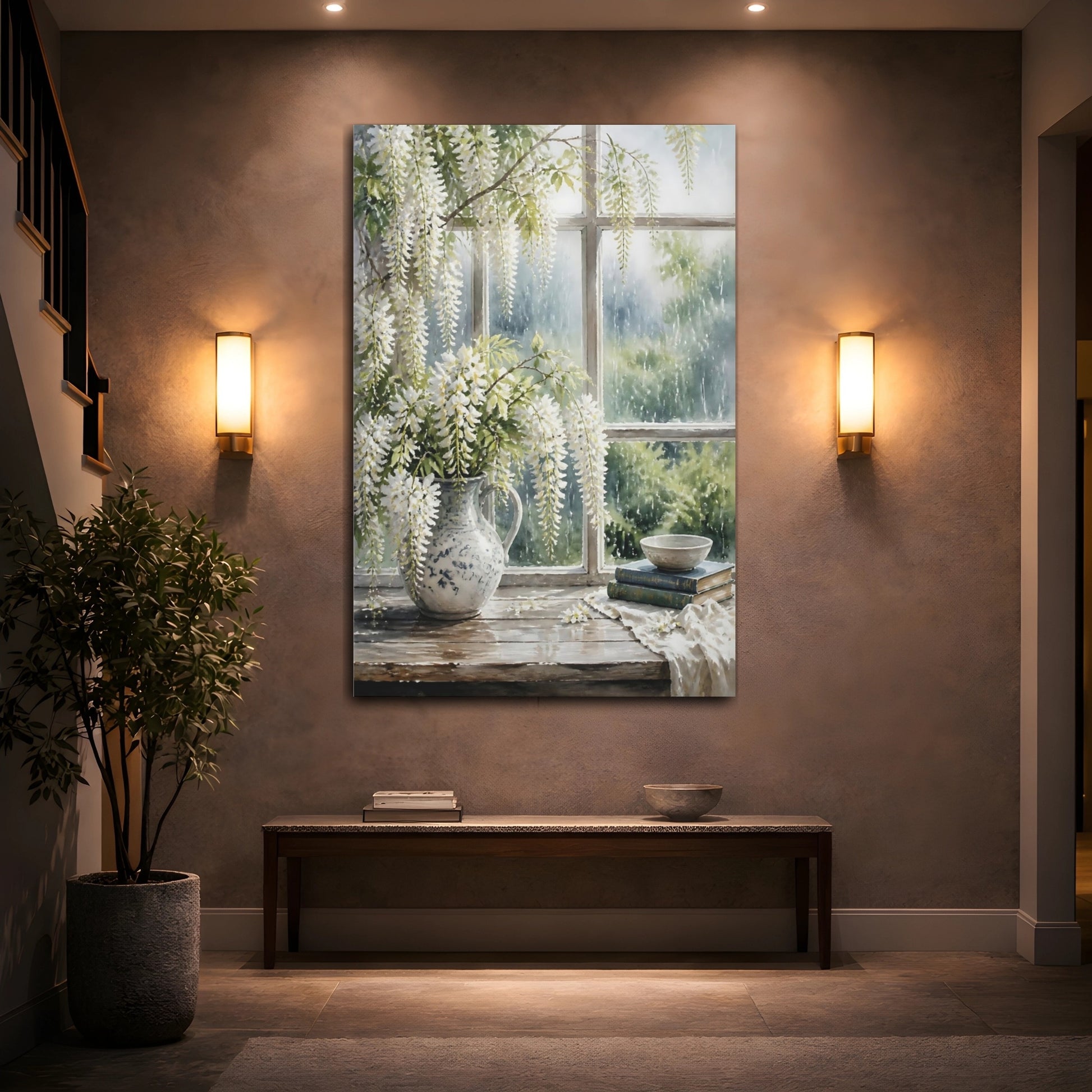 Mockup 2. Floral White Wisteria White Wisteria shown as stretched canvas wall art