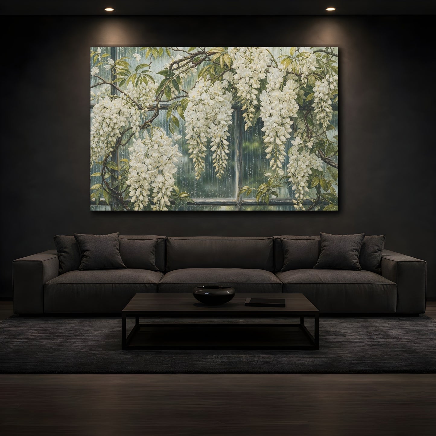 Mockup 3. Floral White Wisteria White Wisteria shown as stretched canvas wall art