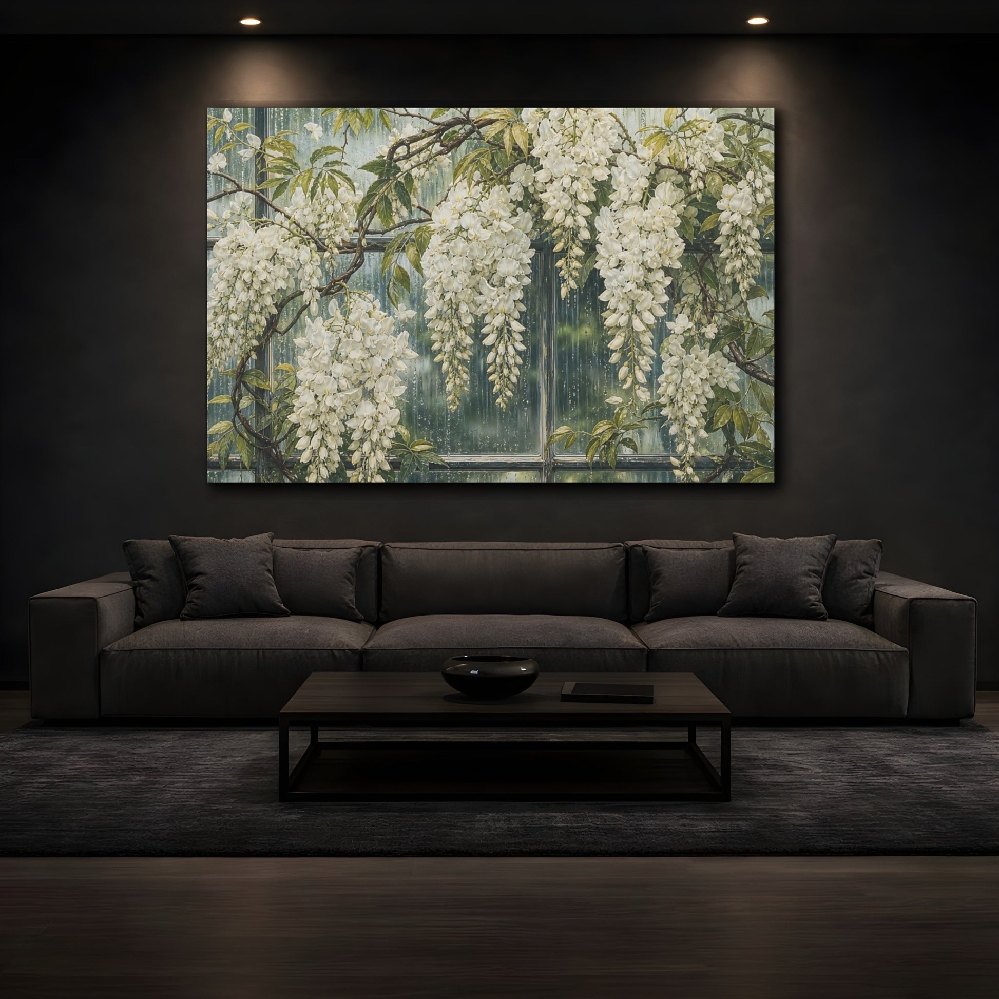 Mockup 3. Floral White Wisteria White Wisteria shown as stretched canvas wall art