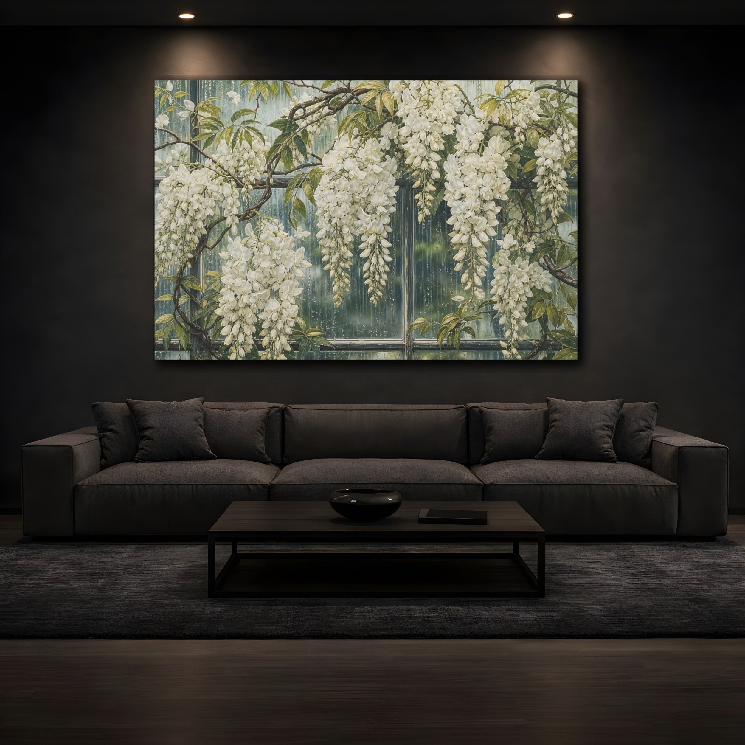 Mockup 3. Floral White Wisteria White Wisteria shown as stretched canvas wall art