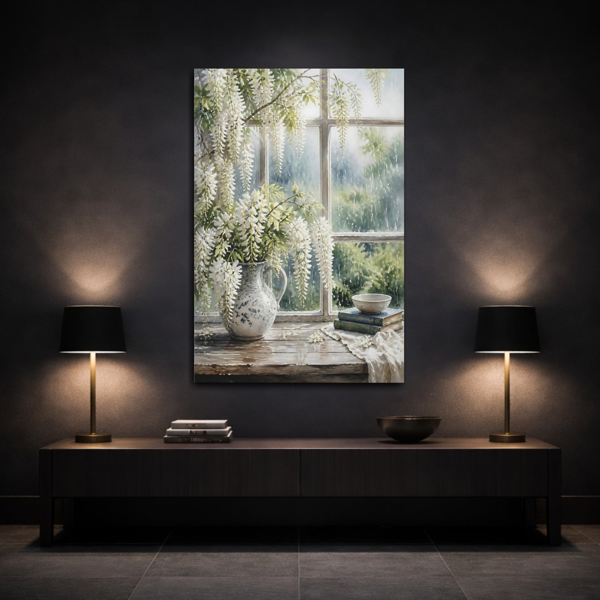 Mockup 3. Floral White Wisteria White Wisteria shown as stretched canvas wall art