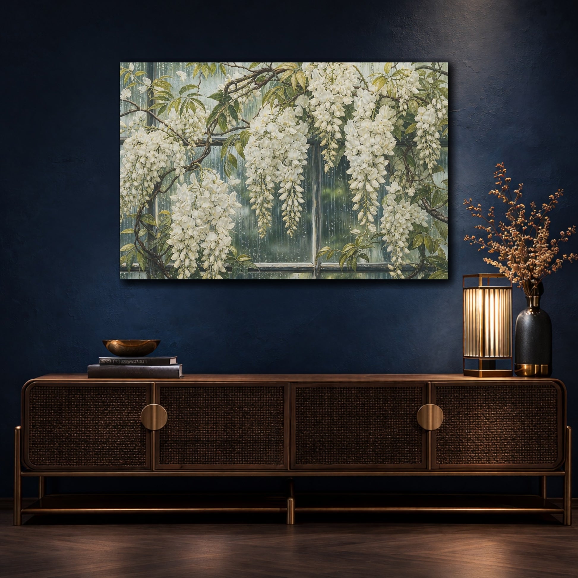 Mockup 4. Floral White Wisteria White Wisteria shown as stretched canvas wall art