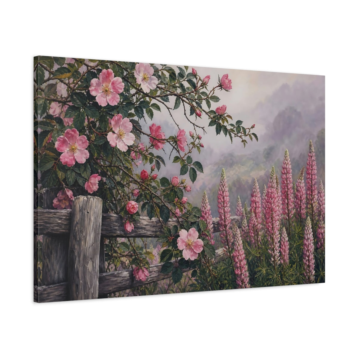 Main Mockup. Floral Wild Roses Pink Floral Garden shown as stretched canvas wall art