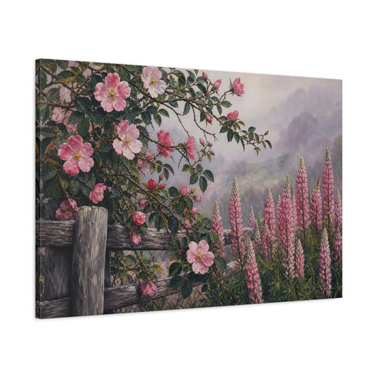 Main Mockup. Floral Wild Roses Pink Floral Garden shown as stretched canvas wall art