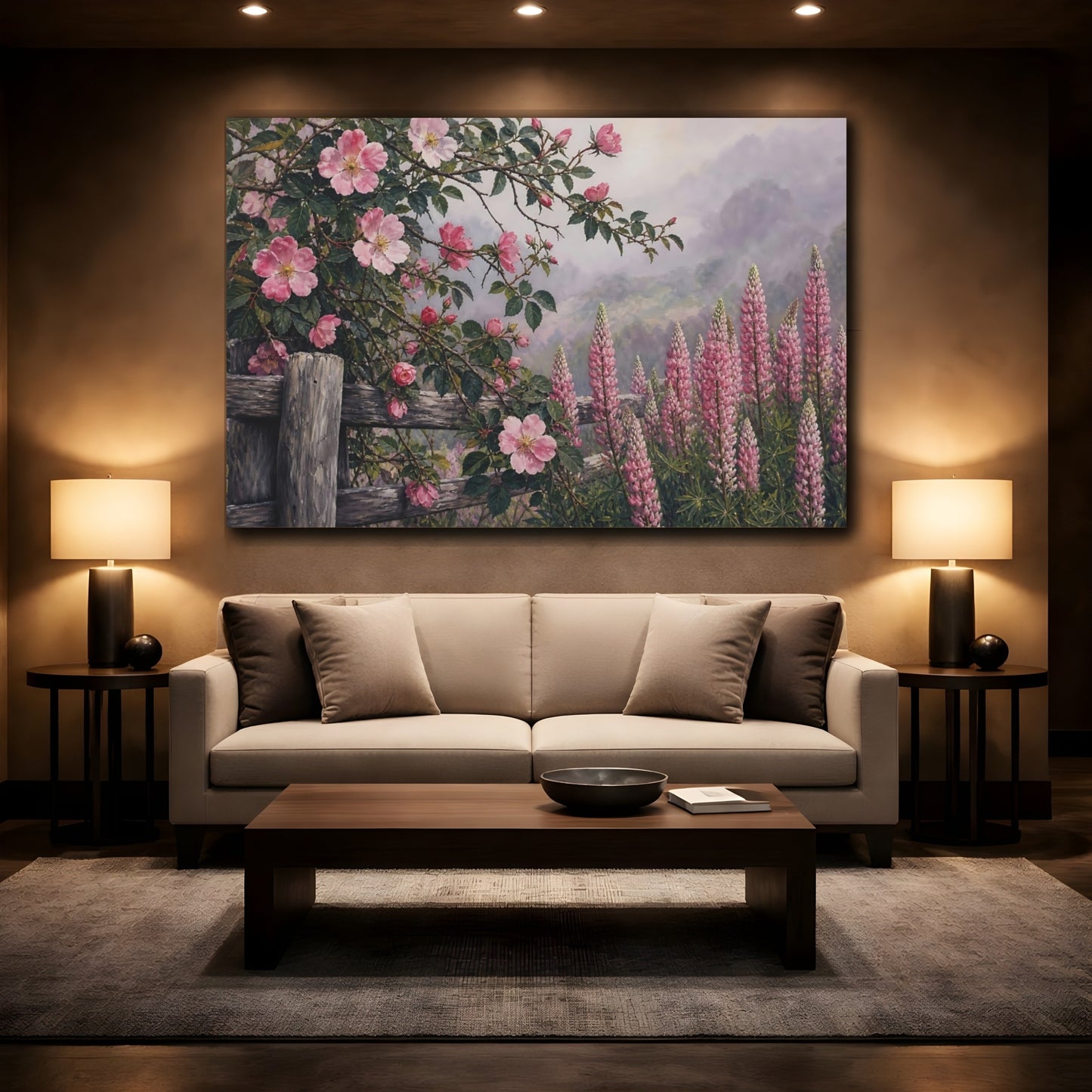 Mockup 2. Floral Wild Roses Pink Floral Garden shown as stretched canvas wall art