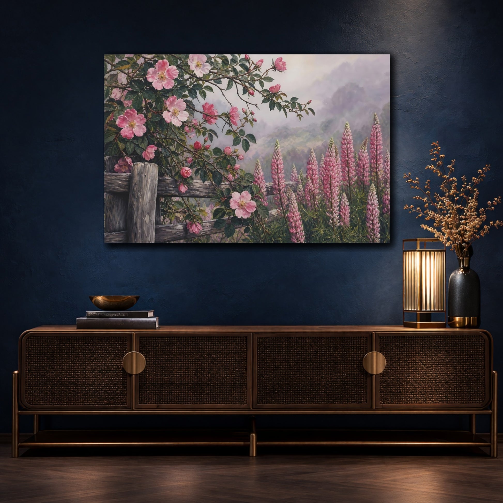 Mockup 4. Floral Wild Roses Pink Floral Garden shown as stretched canvas wall art