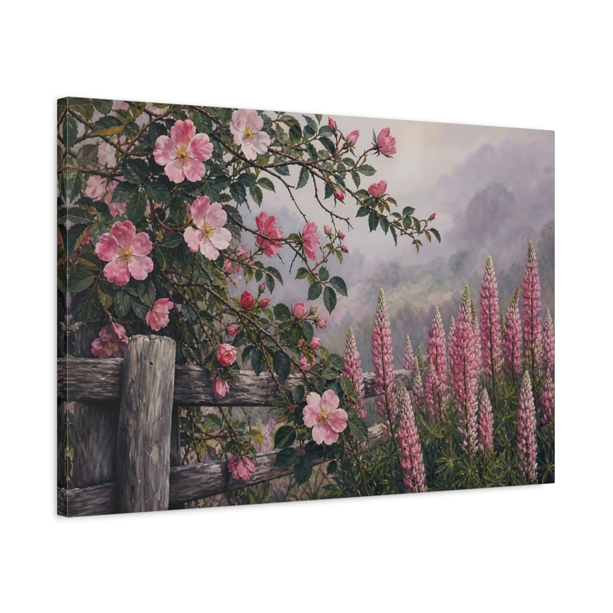 Side Mockup 2. Floral Wild Roses Pink Floral Garden shown as stretched canvas wall art