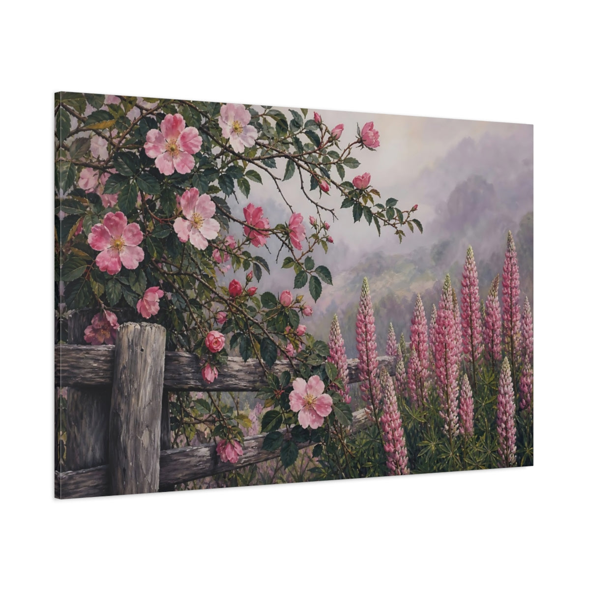 Side Mockup 1. Floral Wild Roses Pink Floral Garden shown as stretched canvas wall art
