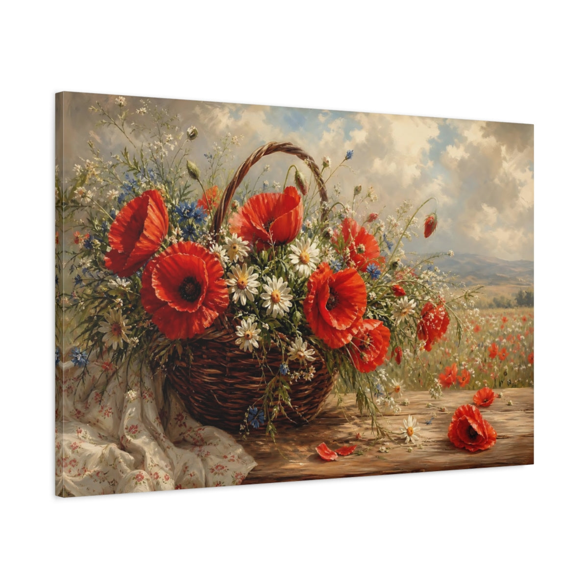 Main Mockup. Floral Wildflower Basket Red Poppies Floral shown as stretched canvas wall art