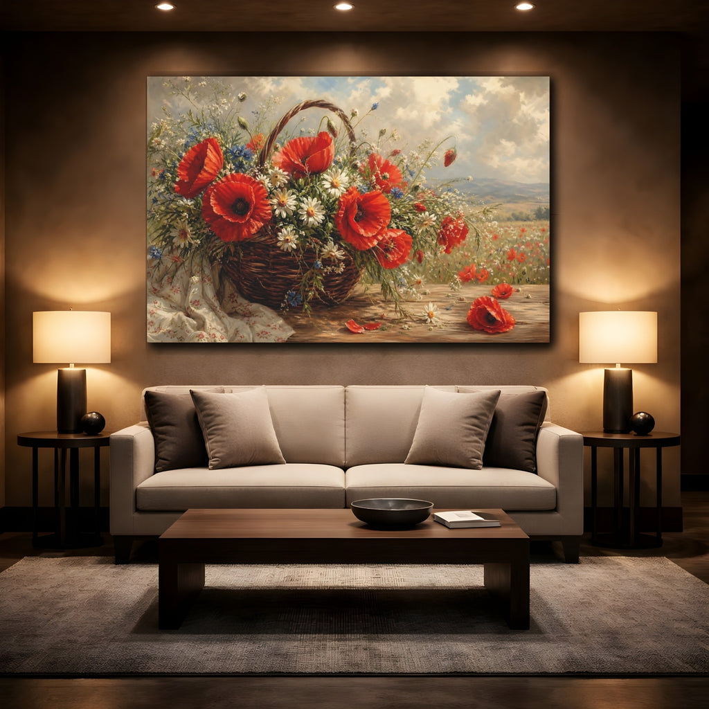 Mockup 2. Floral Wildflower Basket Red Poppies Floral shown as stretched canvas wall art