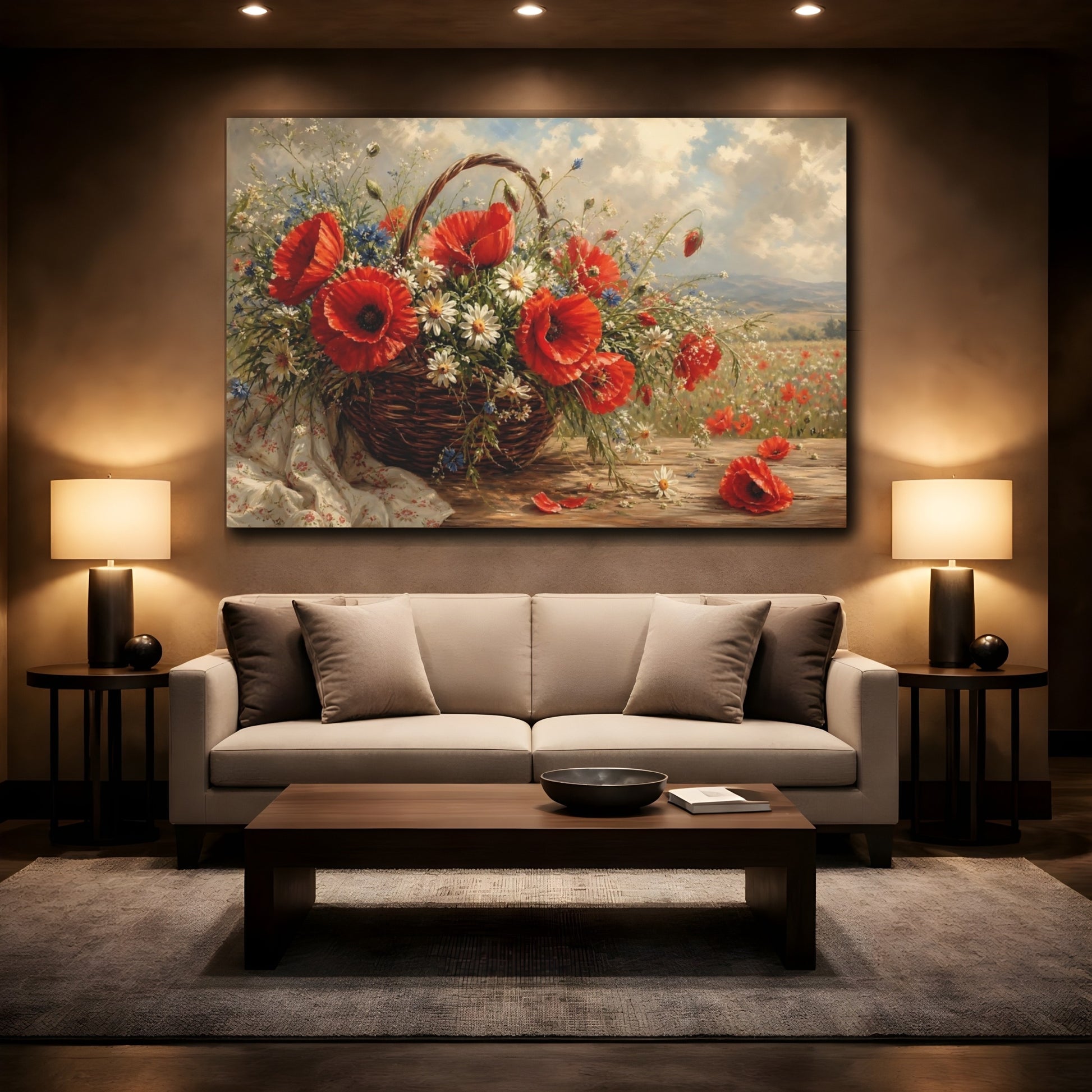 Mockup 2. Floral Wildflower Basket Red Poppies Floral shown as stretched canvas wall art