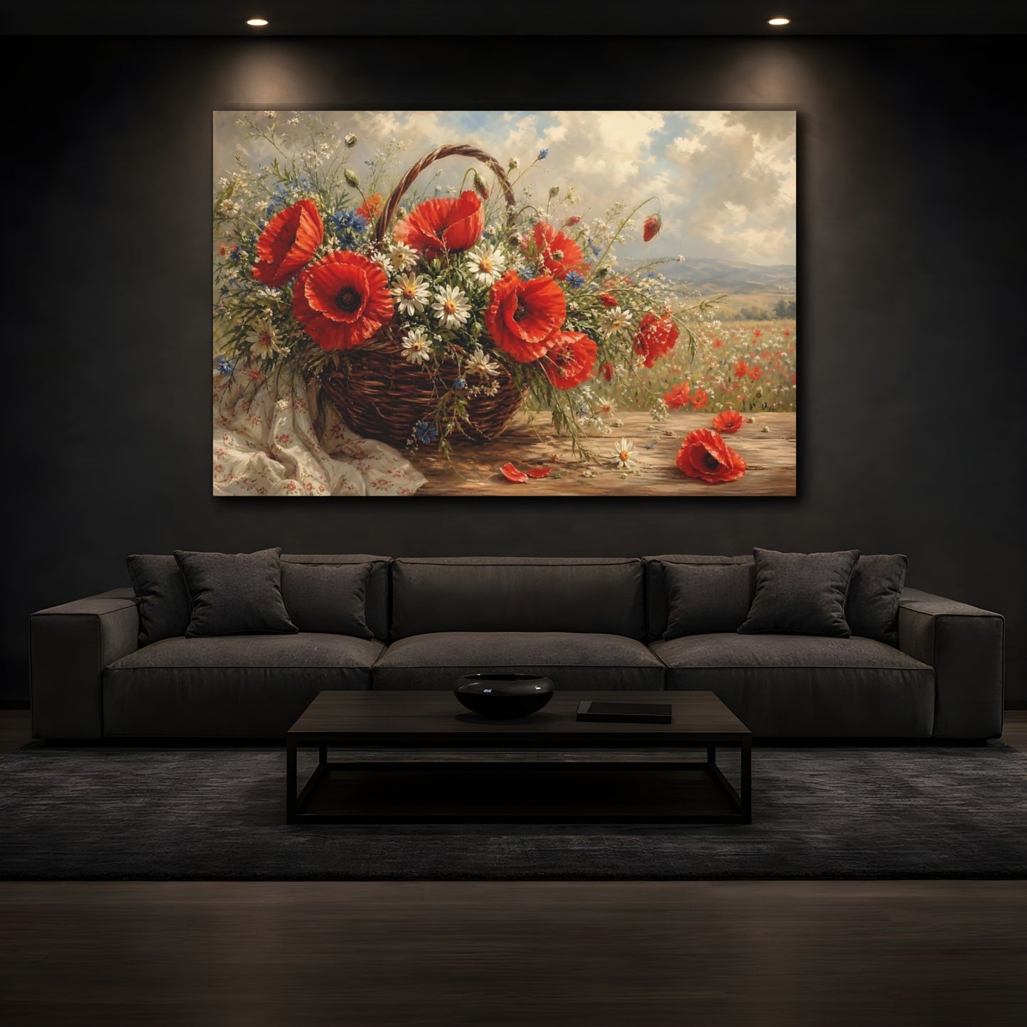 Mockup 3. Floral Wildflower Basket Red Poppies Floral shown as stretched canvas wall art