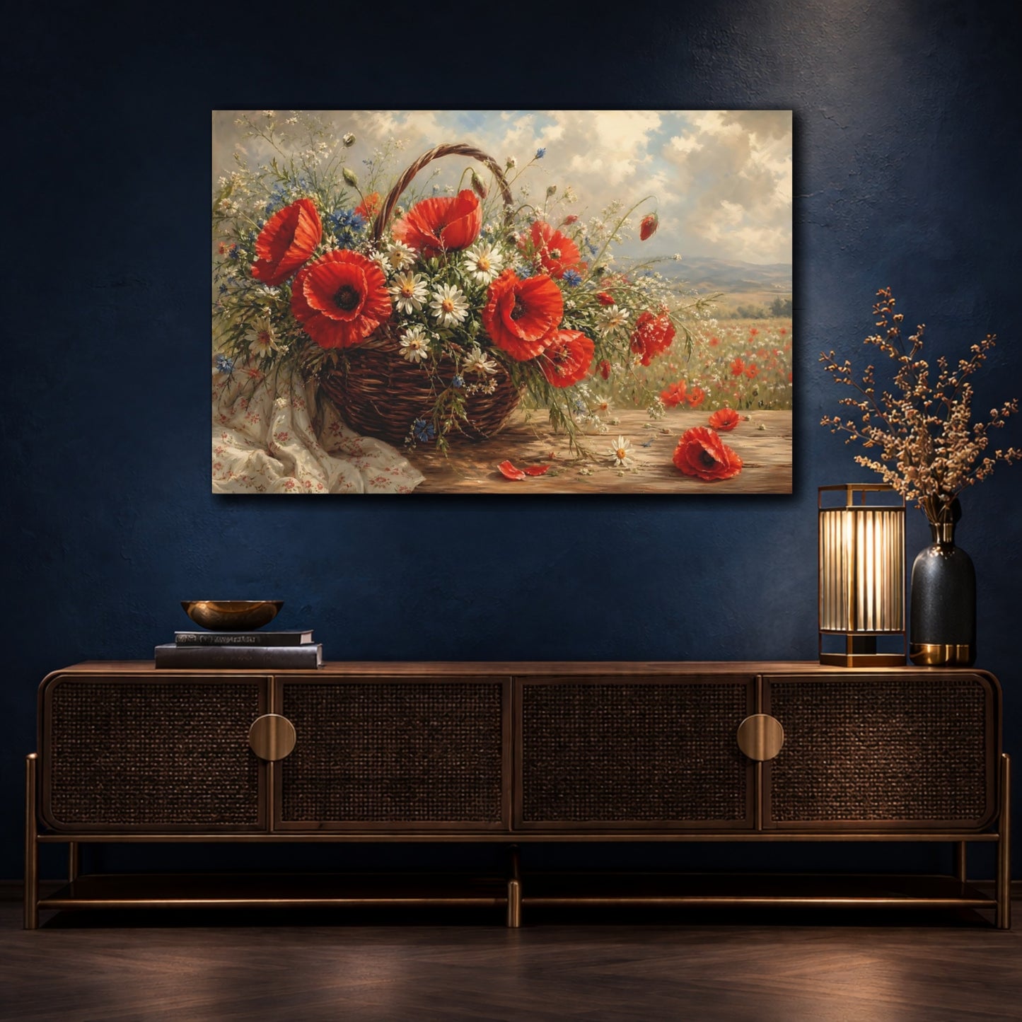 Mockup 4. Floral Wildflower Basket Red Poppies Floral shown as stretched canvas wall art