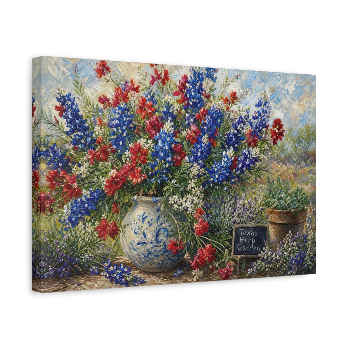 Side Mockup 4. Floral Wildflower Bouquet Blue And Red Flowers shown as stretched canvas wall art