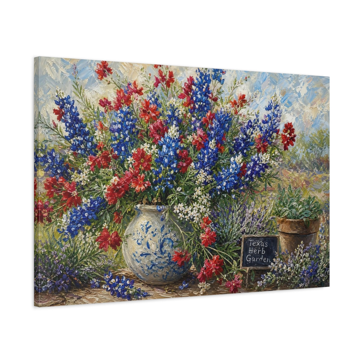 Main Mockup. Floral Wildflower Bouquet Blue And Red Flowers shown as stretched canvas wall art