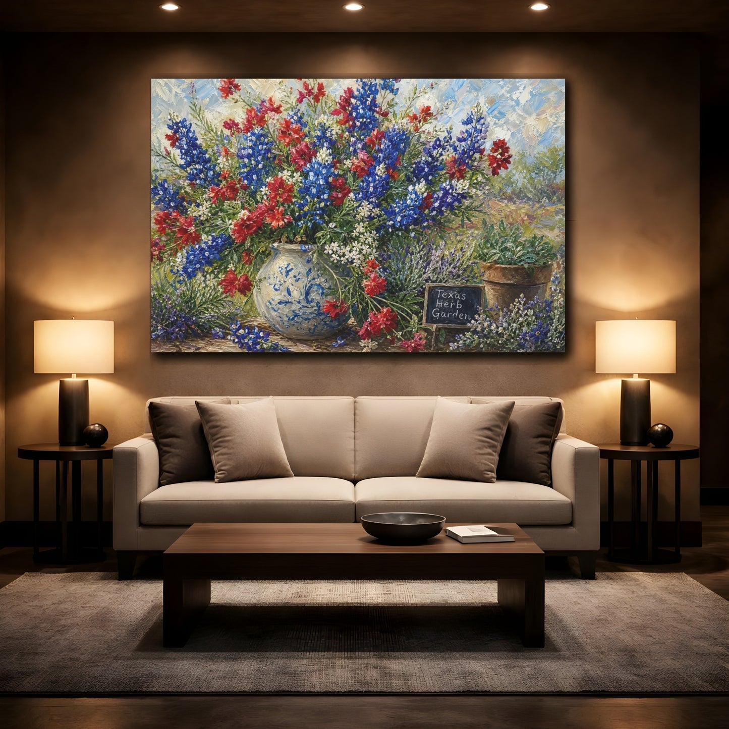 Mockup 2. Floral Wildflower Bouquet Blue And Red Flowers shown as stretched canvas wall art