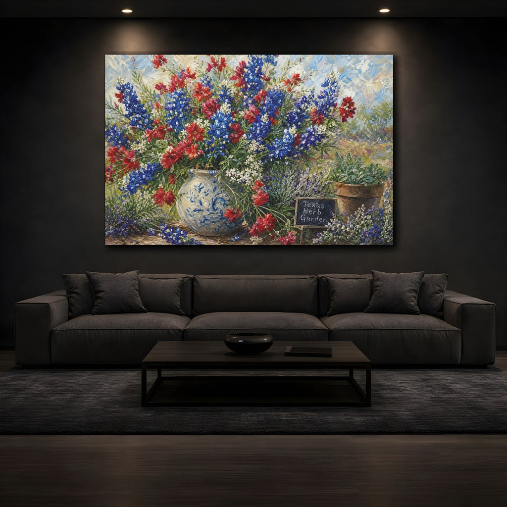 Mockup 3. Floral Wildflower Bouquet Blue And Red Flowers shown as stretched canvas wall art