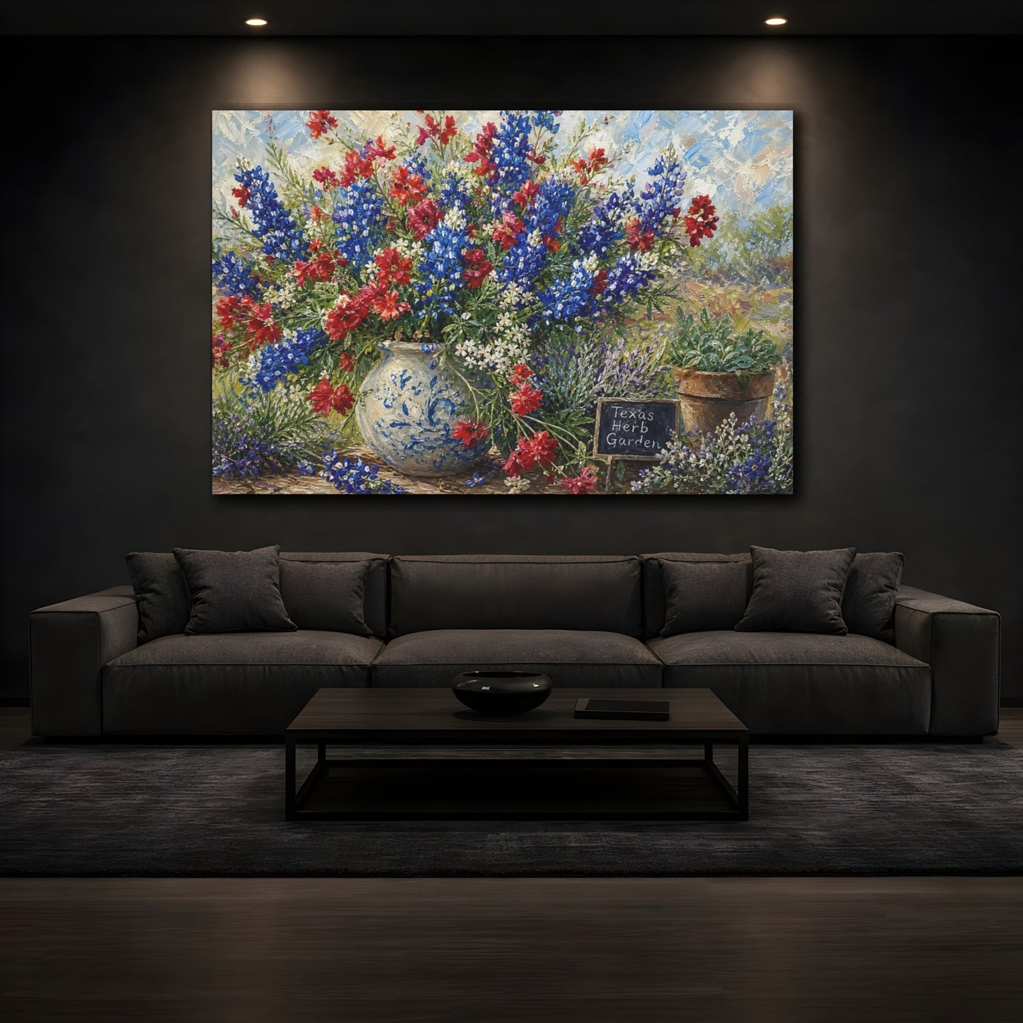 Mockup 3. Floral Wildflower Bouquet Blue And Red Flowers shown as stretched canvas wall art